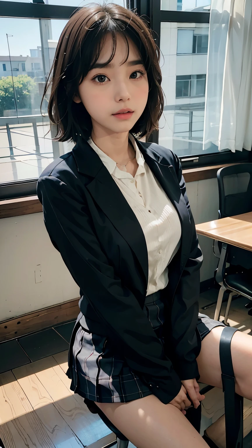 An illustration of a Japanese high school girl with short black hair standing in a classroom after club activities have ended. She is wearing her , which consists of a blazer, a shirt, and a skirt. Her expression is contemplative as she gazes out the classroom window, enjoying the quiet moment. The classroom itself has wooden desks and chairs neatly arranged, with a chalkboard at the front of the room. The sunlight is casting a warm glow through the windows, creating a serene and nostalgic atmosphere. The girl appears relaxed and thoughtful, appreciating the peaceful solitude of the empty classroom.
