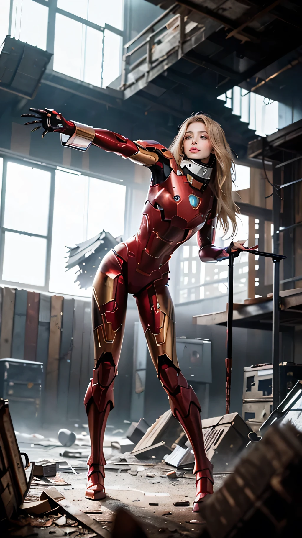 RAW, Masterpiece, Ultra Fine Photo,, Best Quality, Ultra High Resolution, Photorealistic, Sunlight, Full Body Portrait, Stunningly Beautiful,, Dynamic Poses, Delicate Face, Vibrant Eyes, (Side View) , she is wearing a futuristic Iron Man mech, red and gold color scheme, highly detailed abandoned warehouse background, detailed face, detailed and complex busy background, messy, gorgeous, milky white, high detailed skin, realistic skin details, visible pores , sharp focus, volumetric fog, 8k uhd, dslr camera, high quality, film grain, fair skin, photorealism, lomography, sprawling metropolis in futuristic dystopia, view from below, translucent