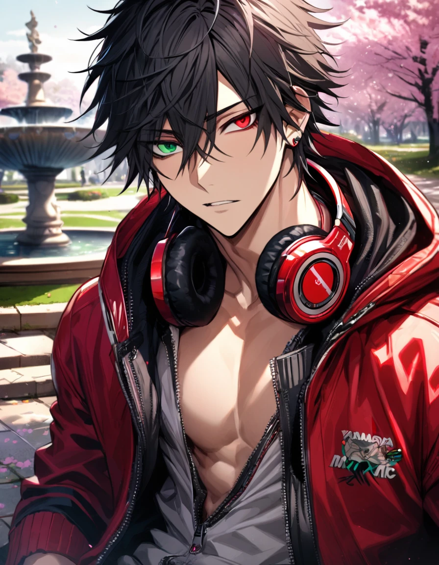 absurdres, highres, ultra detailed, HDR, master piece, best quality, extremely detailed face and eyes, Yamada Ichiro, chin length black hair, Hypnosis Mic, heterochromia, right eye is red, left eye is green, a white hoodie with two zippers, red varsity jacket, red headphones around his neck, solo, sexy man, toned chest, handsome, pink flowers, park, cherry blossom, fountain