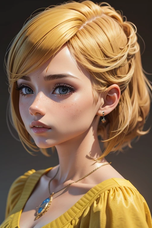 Obra maestra, mejor calidad, Representation work ..3D, Estilo ..3DMM, ..3D, 1, Solo, Cabello amarillo, pecas, Jeweler's, Mirando de reojo, realista, Largo total, Fondo claro y simple, flecos amarillos, mirando hacia otro lado, cabellos largos, labios separados, ojos verdes, gargantilla, constituir, Ropa rosa sonriendo, Dientes hermosos, zapatos amarillos
