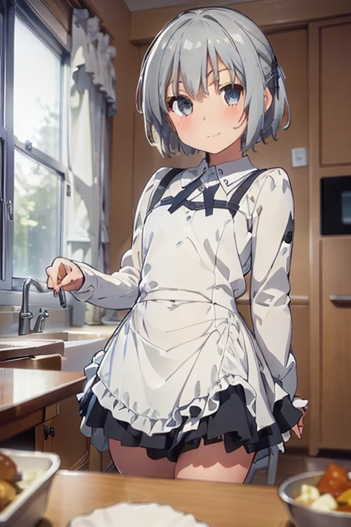 (8k, highest quality, Tabletop:1.2), Ultra-high resolution, One ****************, Detailed face, Blue and slightly slanted eyes, Silver short hair, Classic maid outfit, Luxurious Western-style house kitchen, Cooking