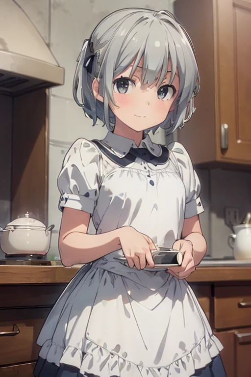 (8k, highest quality, Tabletop:1.2), Ultra-high resolution, One 12-year-old girl, Detailed face, Blue and slightly slanted eyes, Silver short hair, Classic maid outfit, Luxurious Western-style house kitchen, Cooking