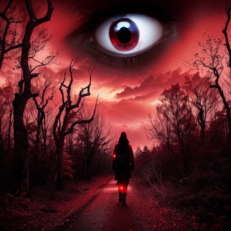 Close-up of a person walking through a forest under a red sky, Red eyes, blood Red eyes, large Red eyes, Red eyes wide open, Red eyes, Red eyes, with a Red eyes, Kamokuchi, with Red eyes, Red eyes, Red glowing eyes, Spiritual creepy spooky pictures, with burning Red eyes, Red glowing eyes