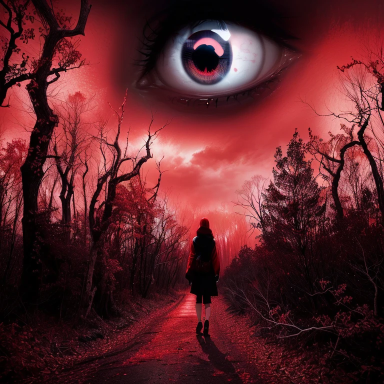 Close-up of a person walking through a forest under a red sky, Red eyes, blood Red eyes, large Red eyes, Red eyes wide open, Red eyes, Red eyes, with a Red eyes, Kamokuchi, with Red eyes, Red eyes, Red glowing eyes, Spiritual creepy spooky pictures, with burning Red eyes, Red glowing eyes