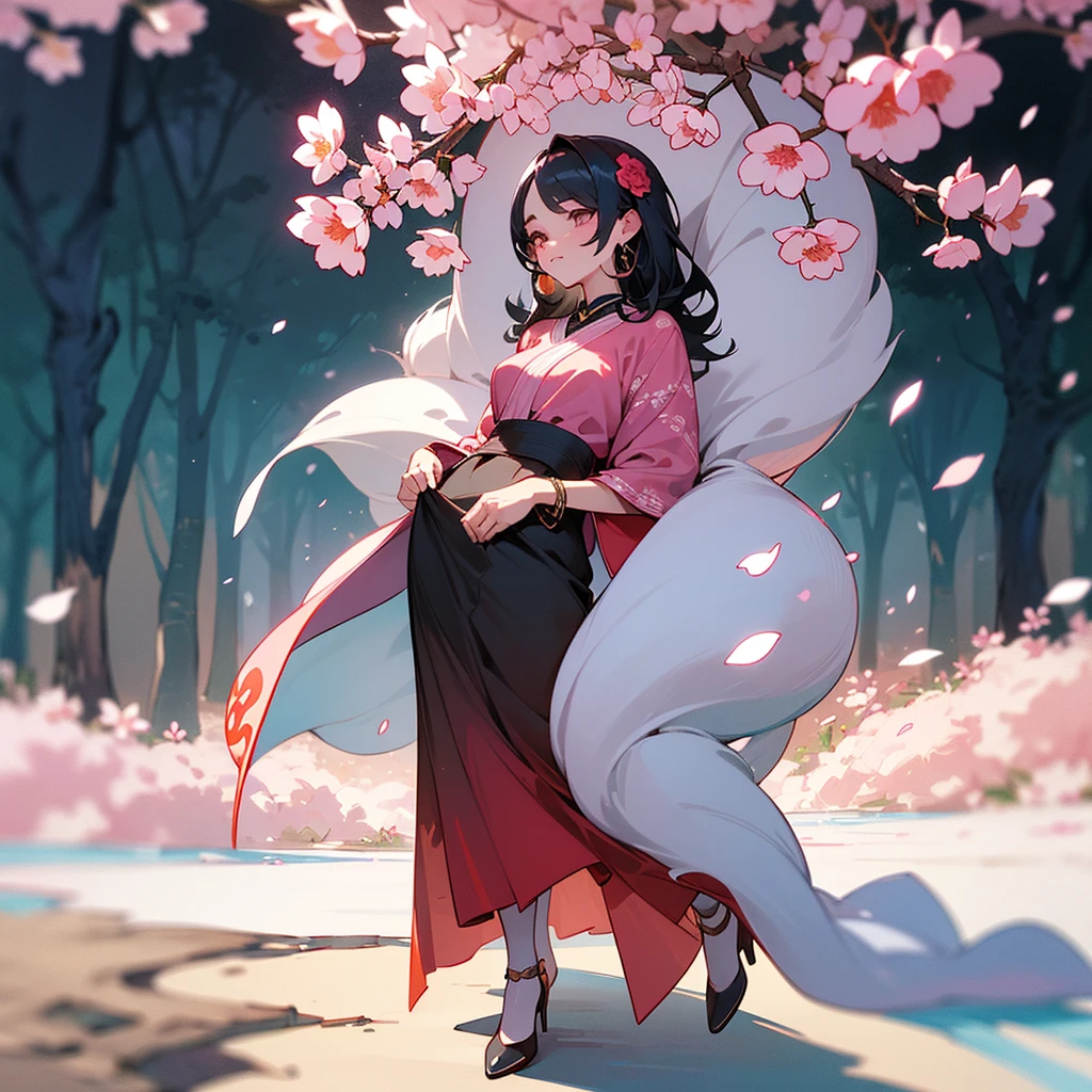 Imagine a character, born in the forest, she is a mixture of human and flower, her face and clothes are a mixture of various flowers such as roses, cherry blossoms and tulips, full body character, focus more on the character than on the scenery , 4K, detailed, vibrant