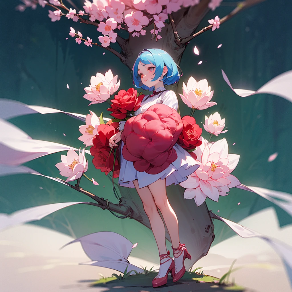 Imagine a character, born in the forest, she is a mixture of human and flower, her face and clothes are a mixture of various flowers such as roses, cherry blossoms and tulips, full body character, focus more on the character than on the scenery , 4K, detailed, vibrant