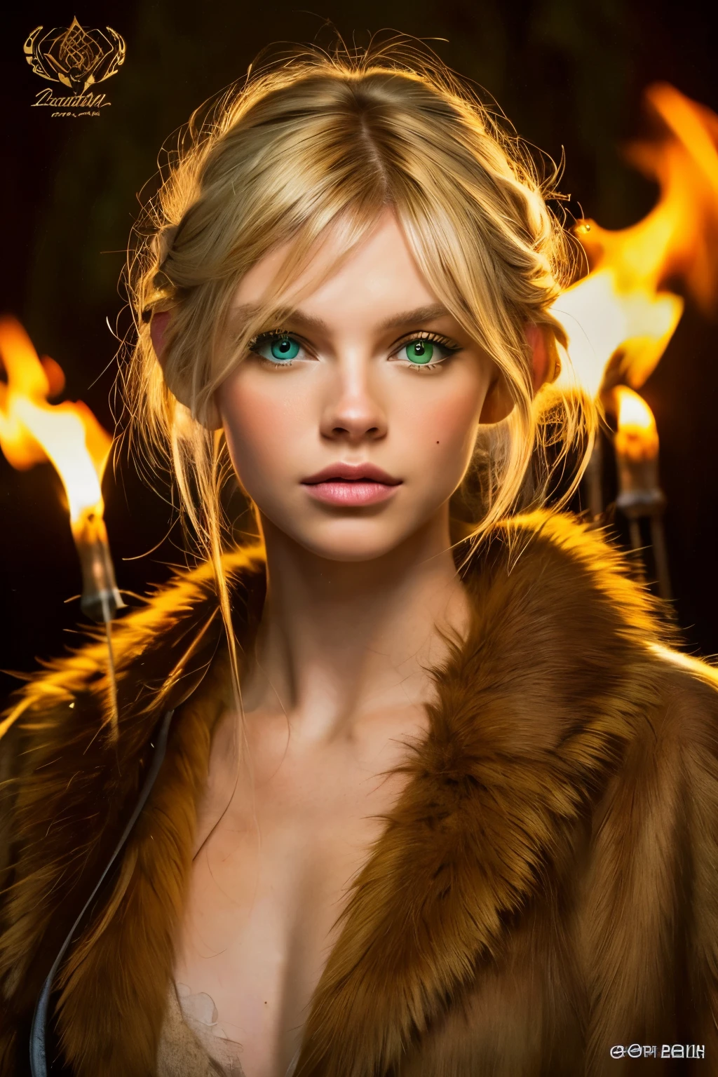 8k, highest quality, masterpiece:1.2),(highest quality:1.0),Neanderthal woman with beautiful face、Blonde Hair、Green Eyes、tattoo、Cave paintings、draw、Torch fire、alone、Wearing fur、Disheveled Hair