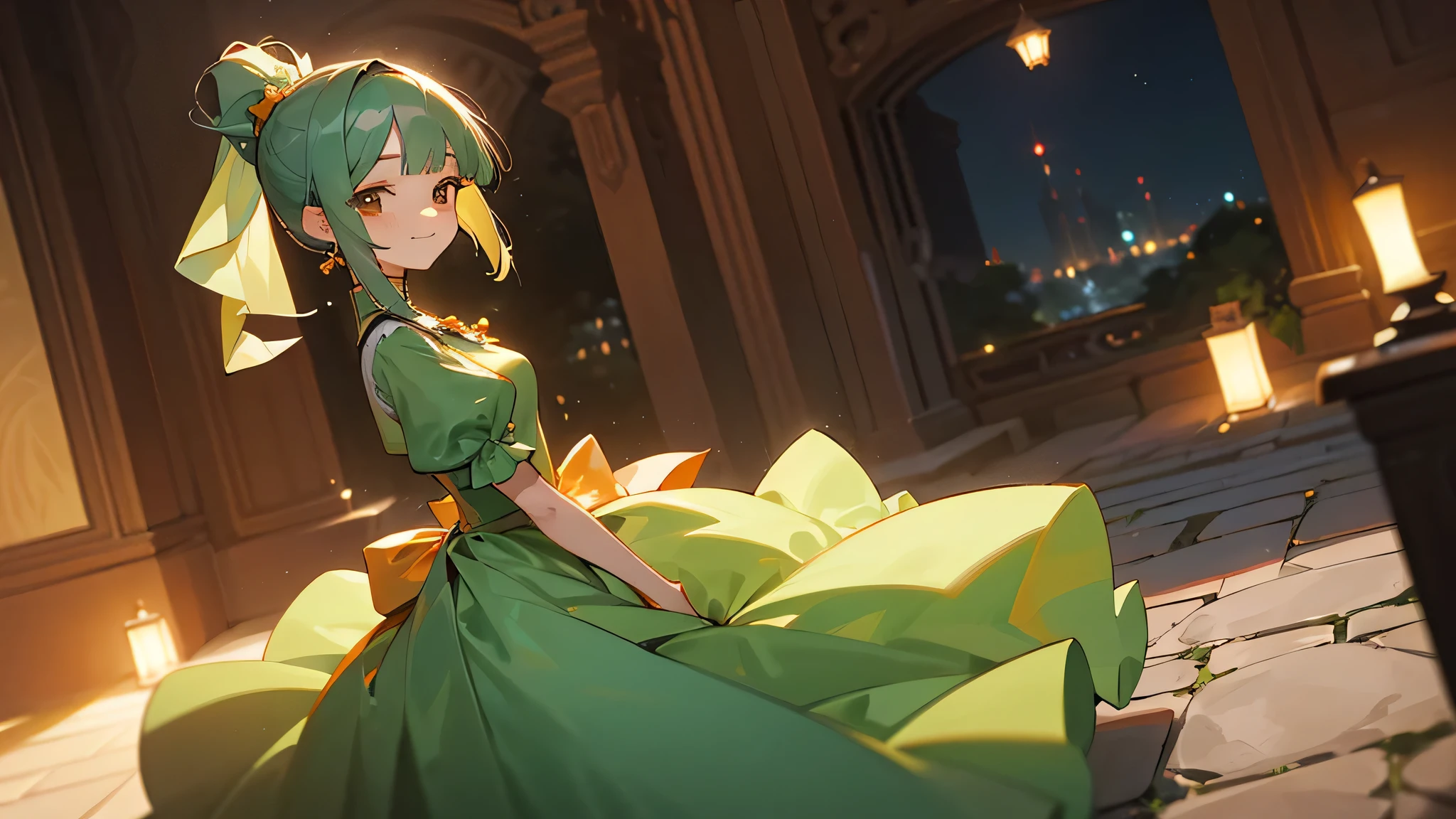 masterpiece、evening、In a modest courtyard、1 Girl、（Ash green hair、Medium length ponytail、Straight bangs、Tiny bangs、A little hair on the side、Brown eyes、Orange corsage in hair）、Pale green、Thailand and Na、Short sleeves、Puff sleeves、dress、one piece、Glossy、A kind smile、Sparkling、