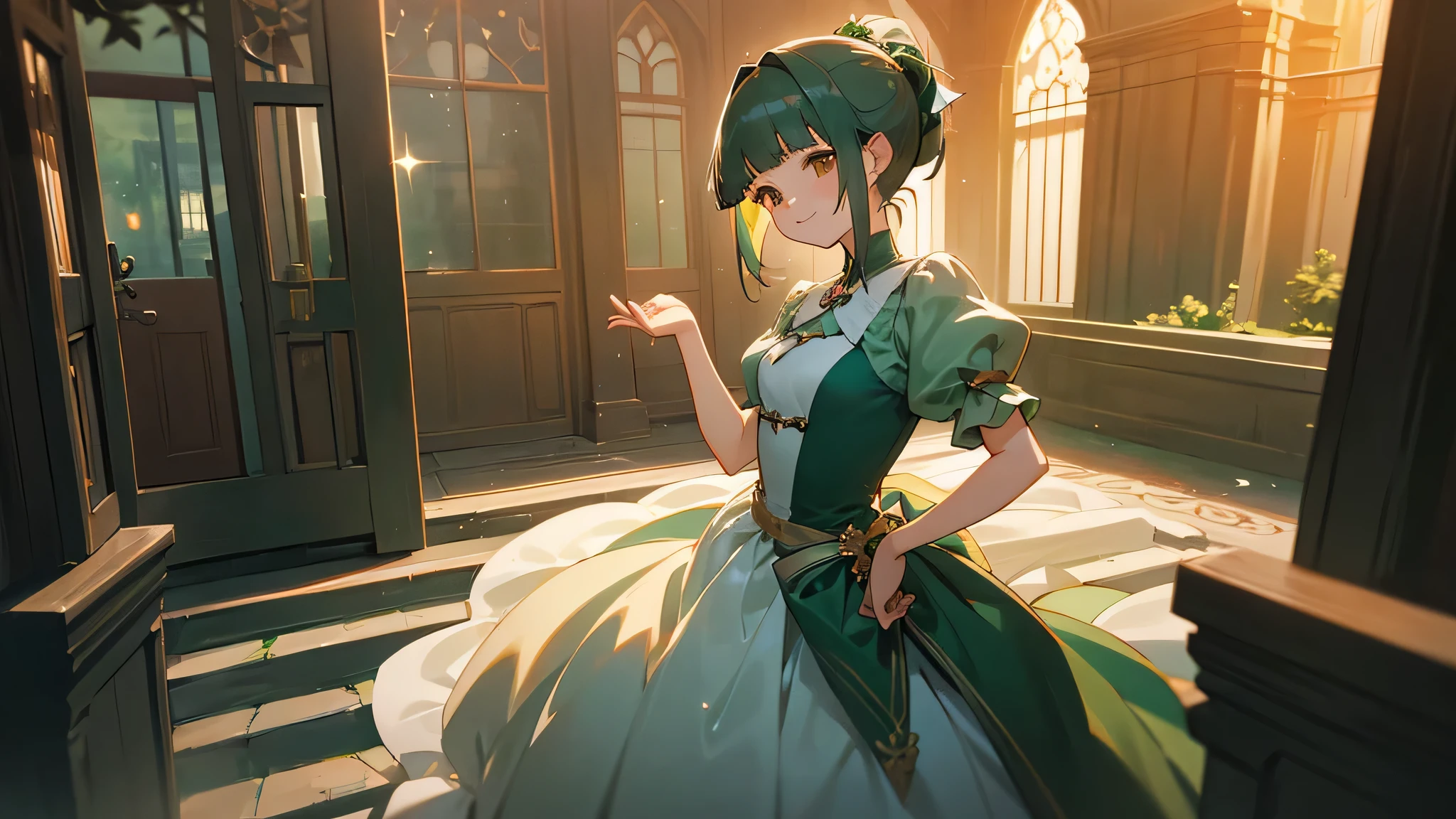 masterpiece、evening、In a modest courtyard、1 Girl、（Ash green hair、Medium length ponytail、Straight bangs、Tiny bangs、A little hair on the side、Brown eyes、Orange corsage in hair）、Pale green、Thailand and Na、Short sleeves、Puff sleeves、dress、one piece、Glossy、A kind smile、Sparkling、