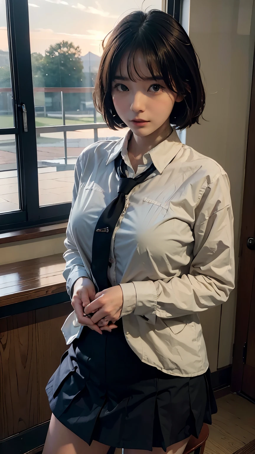 An illustration of a Japanese high school girl with short black hair standing in a classroom at dusk after club activities have ended. She is wearing her , consisting of a blazer, a shirt, and a skirt. Her expression is contemplative as she gazes out the classroom window, mesmerized by the deep oranges and purples of the dramatic sunset. The classroom features wooden desks and chairs neatly arranged, with a chalkboard at the front. The intense, fading sunlight pours through the windows, casting a vibrant, glowing light across the room, creating a serene and nostalgic atmosphere. The girl appears relaxed and thoughtful, immersed in the beauty of the sunset and the tranquil solitude of the empty classroom.