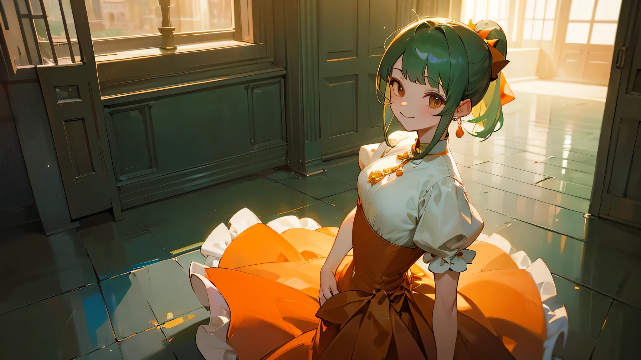 masterpiece、evening、In a modest courtyard、1 Girl、(Ash green hair、Medium length ponytail、Straight bangs、A little hair on the side、Brown eyes、Orange corsage in hair)、Pale green、Thailand and Na、Short sleeves、Puff sleeves、dress、one piece、Glossy、A kind smile、Sparkling、