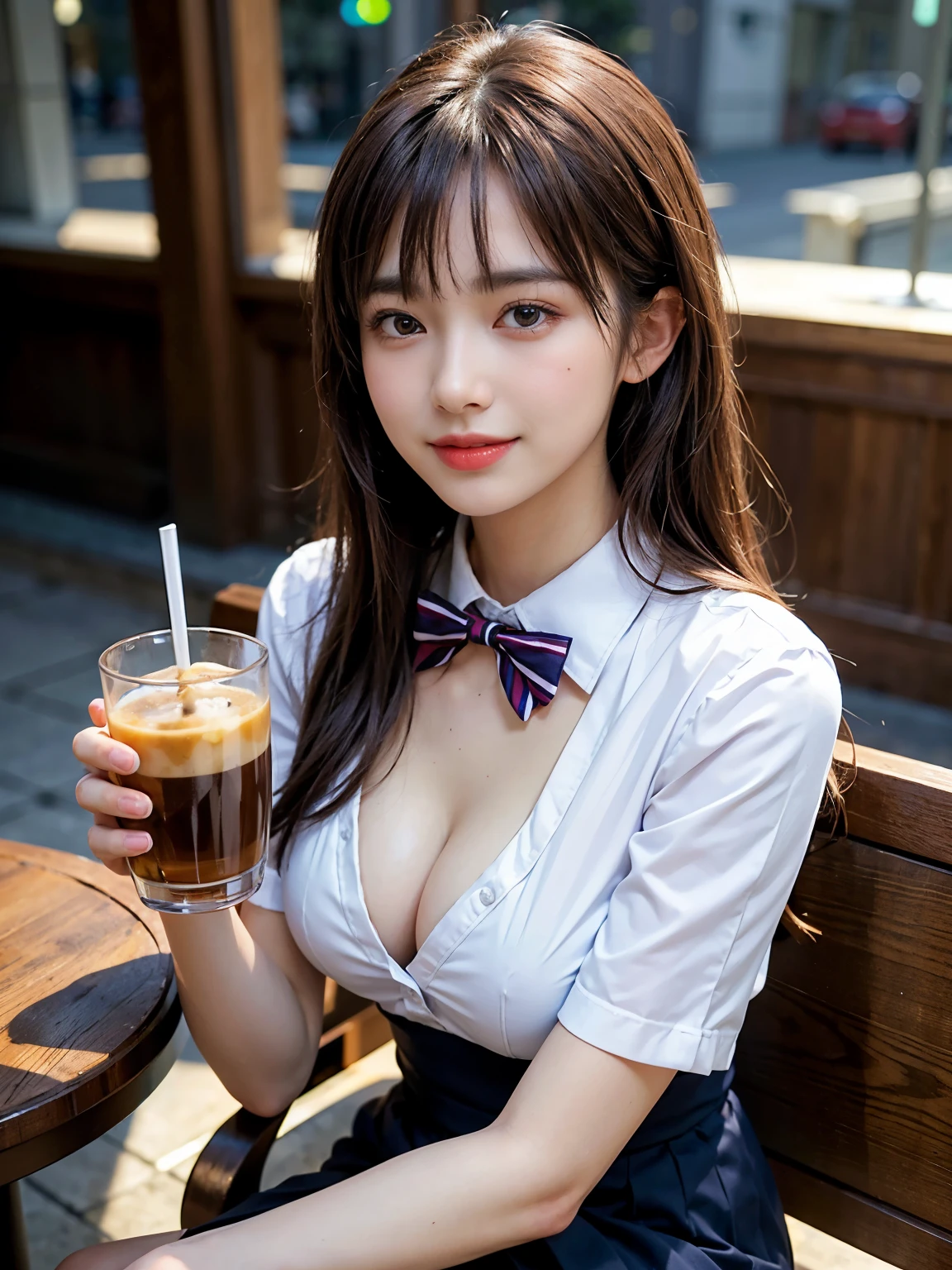 (8k, RAW Photos, highest quality, masterpiece:1.2), (Realistic, photo-Realistic:1.37), Very detailed, 1 girl,cute, alone,Beautifully detailed skies,Detailed Cafe,night,Sitting,Date,(smile:1.1),(Mouth closed),Large Breasts, seductive smile, Wide opening, Professional Lighting, Sony A7R4, Zesse 50mm F1.8, Medium chest,Beautiful fine details,(Collared shirt:1.1), bow tie,Pleated skirt, 1 girl, 22 years old,Slender body,Large Breasts,((Long brown hair with straight bangs)),((Looking up at the audience)),((Drink coffee)),(((From the skin to the chest、Cleavage)))