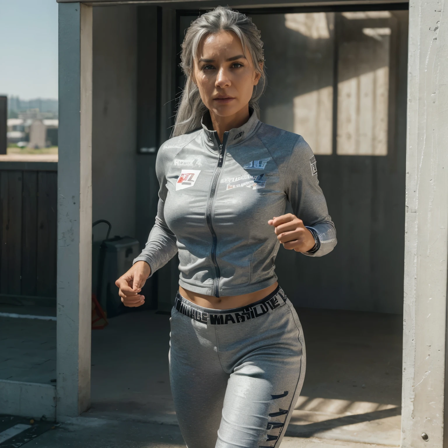 (best quality,4k,realistic,photorealistic,ultra-detailed,extreme detail description,masterpiece:1.2),charismatic,running-themed,grey hair,51 years old,full body,power ranger,sky,girl