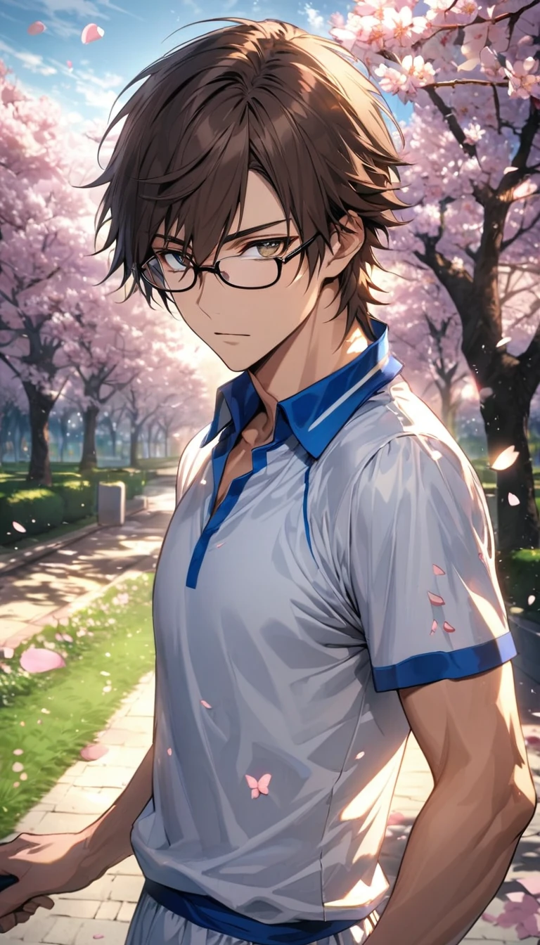 Ultra detailed, Highres, absurdres, HDR, Tezuka Kunimitsu, dark brown hair with bangs, hair between the eyes, expressive brown eyes, glasses, white tennis uniform with blue patterns, Prince Of Tennis, cherry blossoms, petals, extremely handsome, sexy man, solo, very detailed eyes and face, spring, butterflies, blossoms, white tight T-shirt, park,