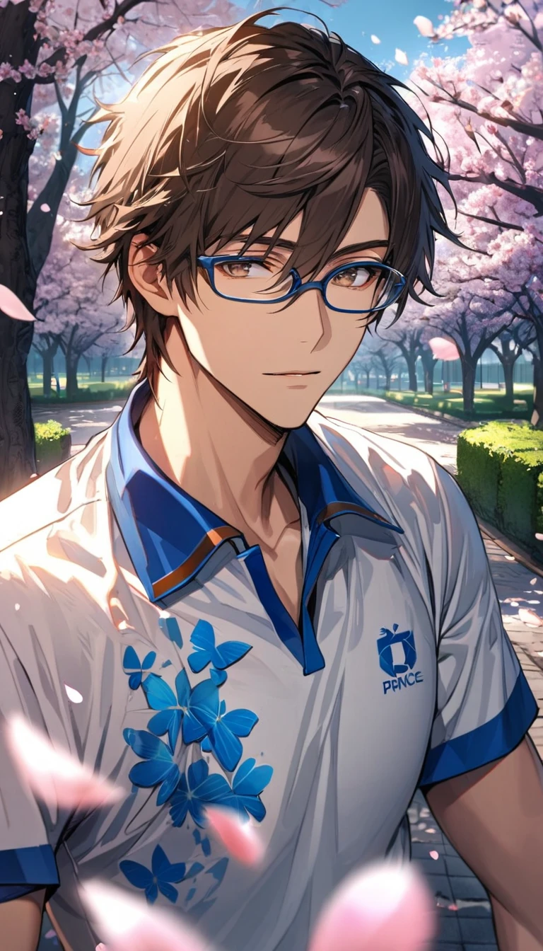 Ultra detailed, Highres, absurdres, HDR, Tezuka Kunimitsu, dark brown hair with bangs, hair between the eyes, expressive brown eyes, glasses, white tennis uniform with blue patterns, Prince Of Tennis, cherry blossoms, petals, extremely handsome, sexy man, solo, very detailed eyes and face, spring, butterflies, blossoms, white tight T-shirt, park,