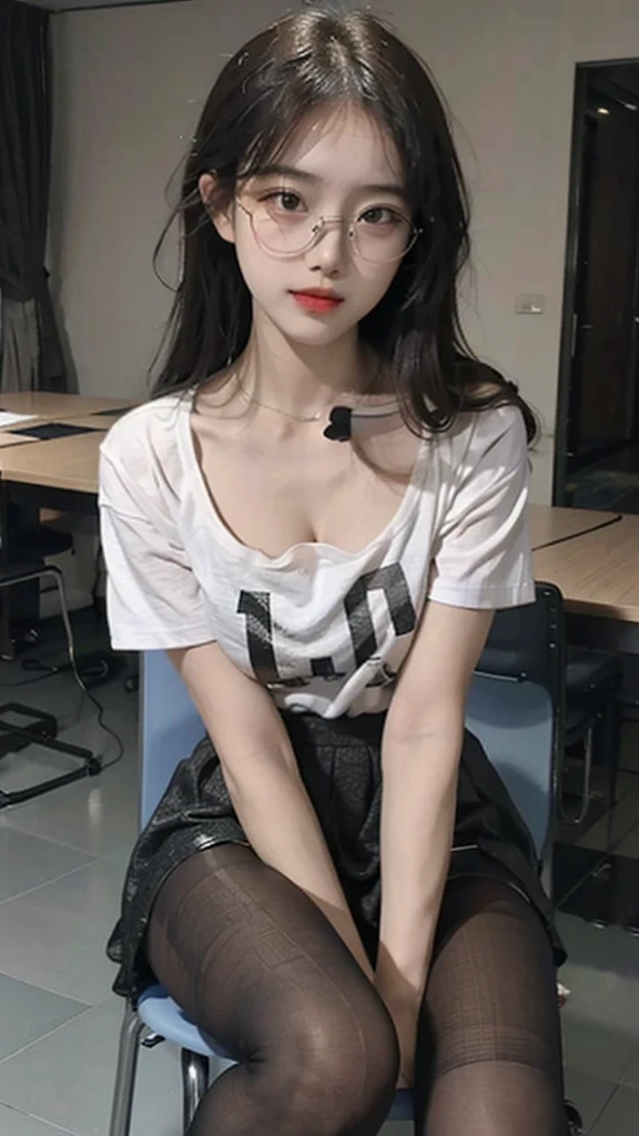 ulzang-6500-v1.1,(original photo:1.2), (Reality:1.4), Beautiful and delicate girl, Very detailed eyes and face, Beautiful delicate eyes, absurd, Unbelievable and ridiculous, Huge file size, Super detailed, high resolution, Very detailed,Best quality,masterpiece,((t-shirt )),Implications,Very detailed,CG,Unite,8k wallpaper,Amazing cleavage,Meticulous attention to detail,masterpiece,Best quality,Very detailed的 CG Unite 8k wallpaper,There is light on the face,Movie Lighting, 1 girl, 16 years old,Long white hair,side,(wear glasses),((dynamic poses)),(Sexy pose),,(Half body),((Pantyhose)),((Black hip skirt)),((((Sit down with your knees bent)))) Long Dress :1.1, Super detailed face, Delicate eyes, Double eyelids, Blurred Background, Thin face,