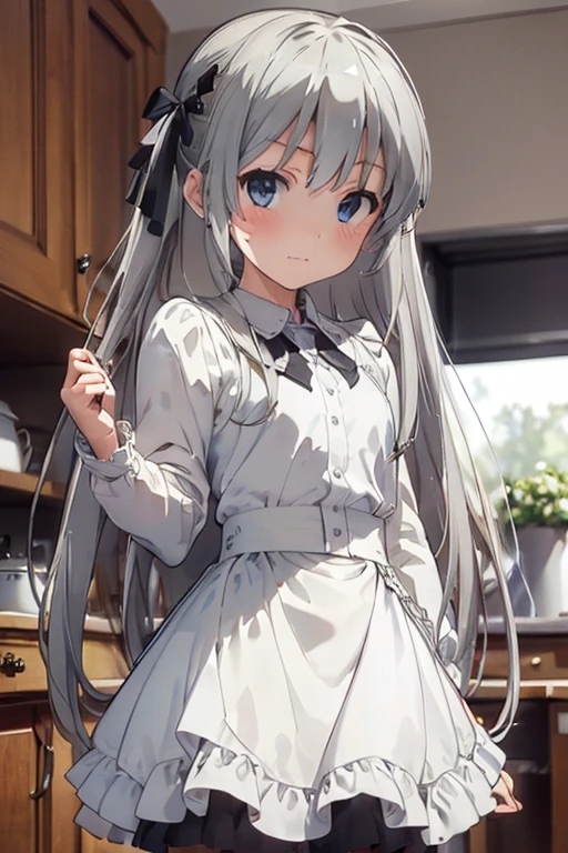 (8k, highest quality, Tabletop:1.2), Ultra-high resolution, One ****************, Detailed face, blue eyes, Slightly droopy eyes, Silver long hair, Classic maid outfit in black and white, Luxurious Western-style house kitchen, Cooking, Hold the pan with both hands