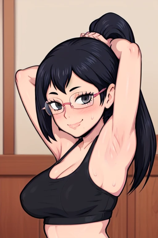 masterpiece, best quality, shimizu kiyoko, looking at viewer, very large breasts, upper body, portrait, looking at viewer, seductive smile,put your hands behind your head, armpits, armpits visible, sweaty armpits, wearing glasses, ponytail hair