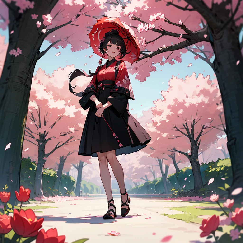 Imagine a character, born in the forest, she is a mixture of human and flower, her face and clothes are a mixture of various flowers such as roses, cherry blossoms and tulips, full body character, focus more on the character than on the scenery , 4K, detailed, vibrant