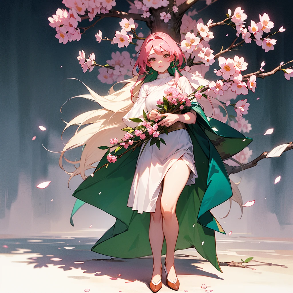 Imagine a character, born in the forest, she is a mixture of human and flower, her face and clothes are a mixture of various flowers such as roses, cherry blossoms and tulips, full body character, focus more on the character than on the scenery , 4K, detailed, vibrant