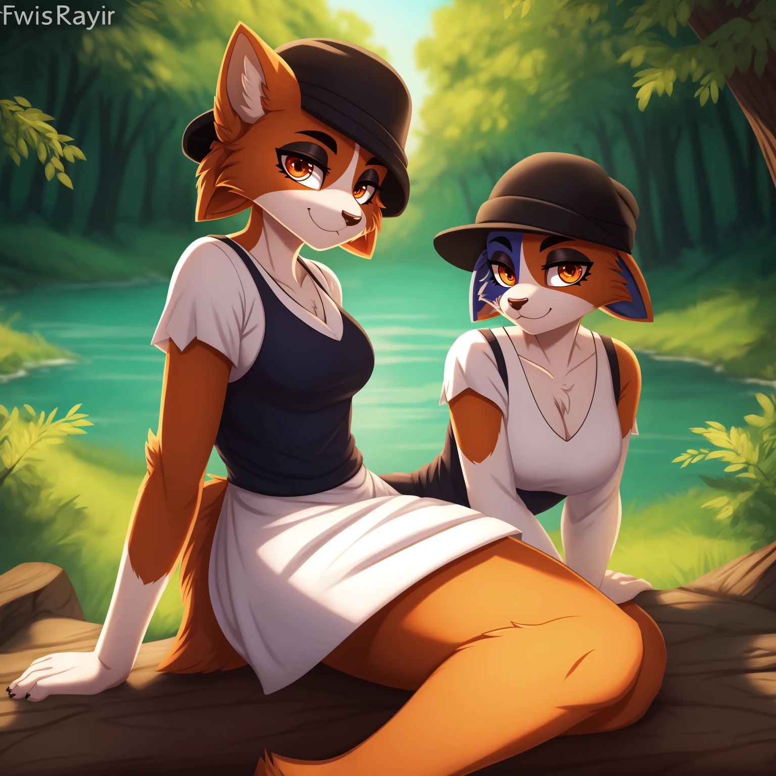 By zinfyuu on pixiv,by twistedscarlet60, uploaded on pixiv, by fluff-kevlar, (masterpiece), (best quality), (anthro furry:1.3, snout:1.2, anthro:1.3, furry:1.2, solo female:1.2), (extremely detailed:1.3), (orange_detailed_eye), wearing white dress, sfw, forest, sitting, lake, nature beauty, view on viewer, meowskulls