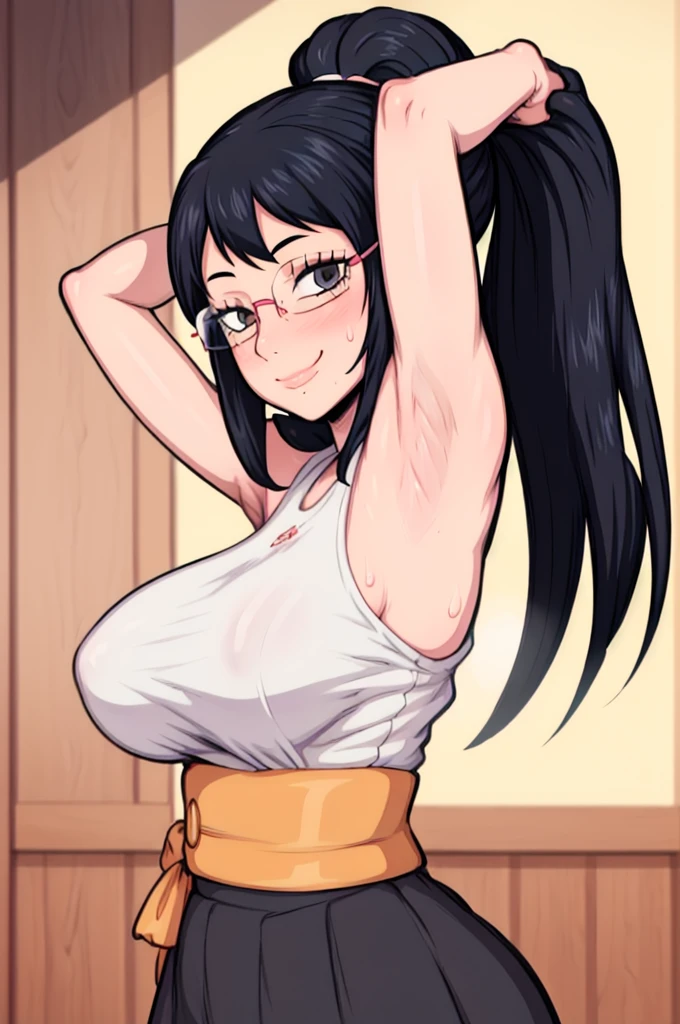 masterpiece, best quality, shimizu kiyoko, looking at viewer, very large breasts, upper body, portrait, looking at viewer, seductive smile,put your hands behind your head, armpits, armpits visible, sweaty armpits, wearing glasses, ponytail hair