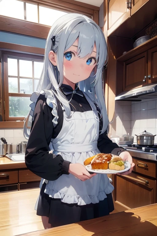 (8k, highest quality, Tabletop:1.2), Ultra-high resolution, One -yeld gi Detailed face, blue eyes, Slightly droopy eyes, Silver long hair, Classic maid outfit in black and white, Luxurious Western-style house kitchen, Cooking, Hold the pan with both hands