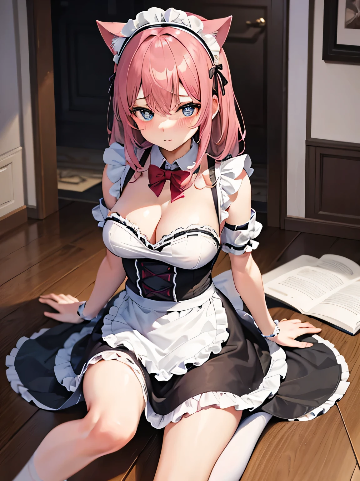 anime girl in maid outfit sitting on the floor with her legs crossed, anime girl in a maid costume, gorgeous maid, maid outfit, anime cat girl in a maid costume, maid dress, maid, Cute anime girl in a beautiful skirt, ( Waitress ) girl, anime maids riding early tanks, wearing maid uniform，Legs open，Sexy pose，Big Breasts，Exposing breasts，Shy expression，blush，Blue pupils
