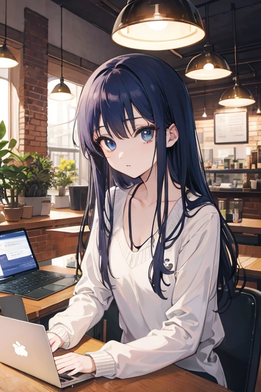 anime、Retro coffee shop、laptop、Round eyes、beautiful girl、Working