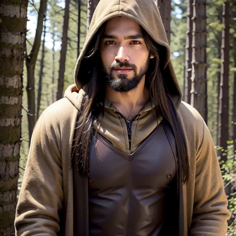 Man, long brown hair, bearded, medieval druid hunter, in the middle of a dense forest at night, hooded, medieval style, realistic, ultra detailed