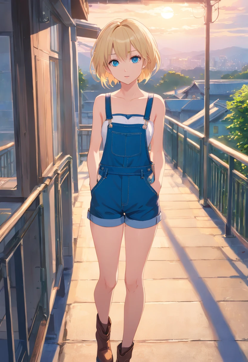 17 years old Women, ((Blonde)), ((Blue eyes)), ((Short hair)), ((Full shot)), very detailed makeup, pale pink lipstick, long earrings, bare shoulders and jewelry necklace, on the terrace, standing wearing strapless dungarees and hip-tight pants, with high-heeled boots