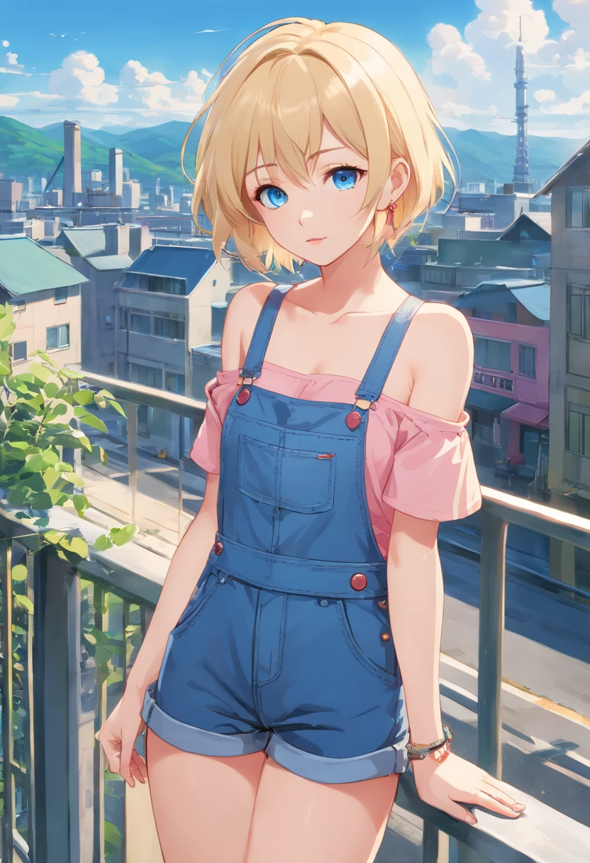 17 years old Women, ((Blonde)), ((Blue eyes)), ((Short hair)), ((Full shot)), very detailed makeup, pale pink lipstick, long earrings, bare shoulders and jewelry necklace, on the terrace, standing wearing strapless dungarees and hip-tight pants, with high-heeled boots