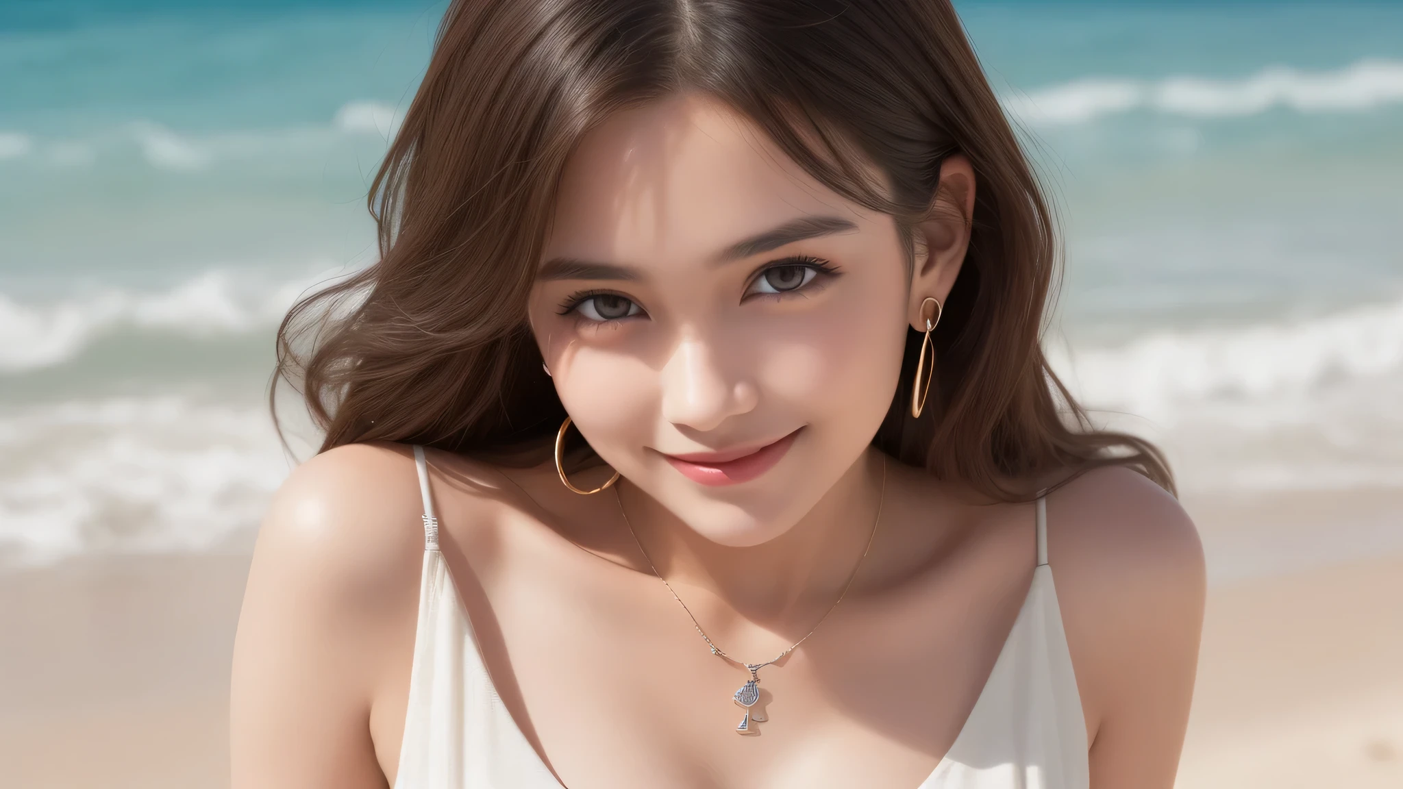 (1girl), brown eyes, A very neat face, (cute smile:1.2), (highly detailed eyes, highly detailed face), (flat chest, Tube top:1.2), accessories, necklace, earrings, (hyper-realistic, hight resolution), (best Quality:1.4), model, Enchanting, beach, wavewave, flat chest, (Fine face:1.2),