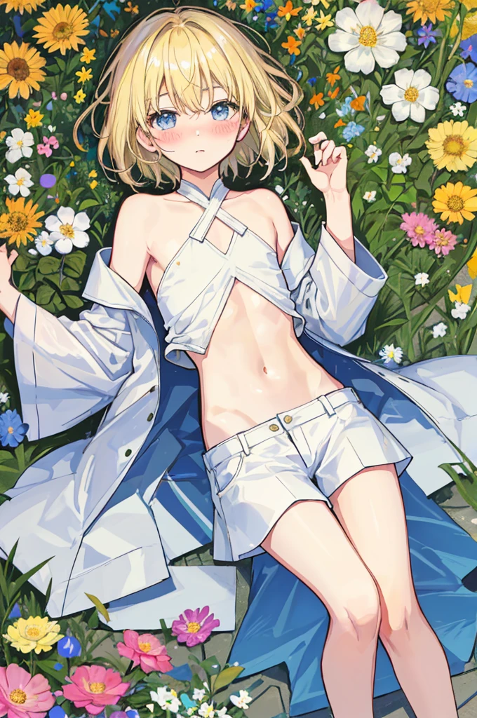A man,Mature man,youth,Blonde short hair,Handsome,White shirt,a flat chest,Slim waist,Showing belly,Smooth legs,blush,Lying in the flowers,