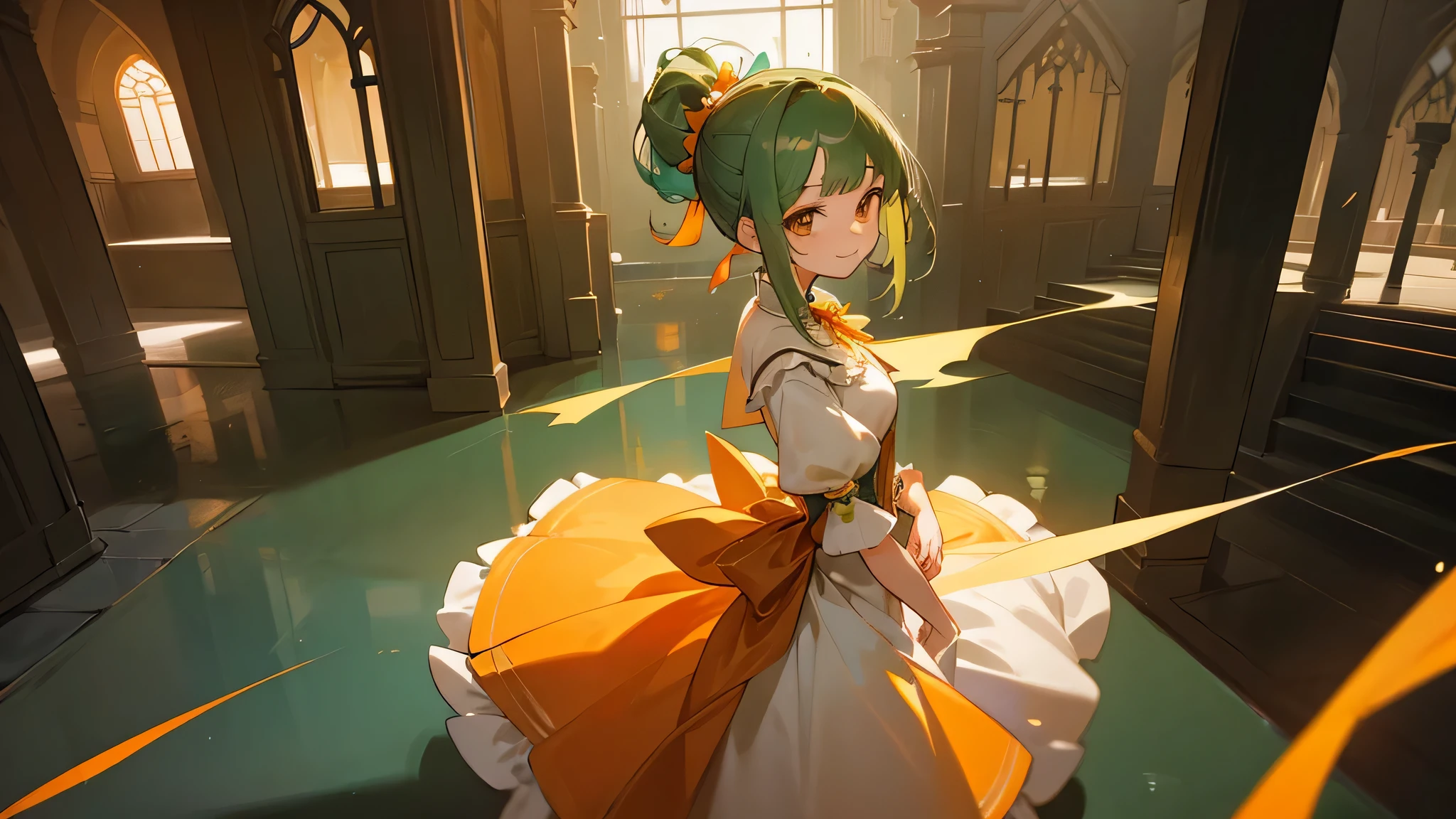 masterpiece、evening、In a modest courtyard、1 Girl、（Ash green hair、Medium length ponytail、Straight bangs、A little hair on the side、Brown eyes、Orange corsage in hair）、Pale green、Thailand and Na、Short sleeves、Puff sleeves、dress、one piece、Glossy、A kind smile、Sparkling、