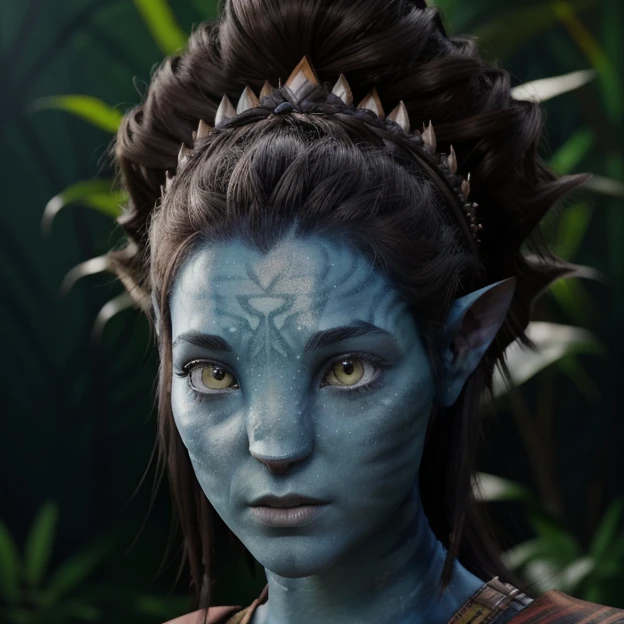 avatar style, portrait:1.6, 1girl, female, naavi, (blue skin tone:1.0), (bun hairstyle:1.0), pointy ears:1, long hair tied up in a bun hairstyle, dark brown hair color, yellow eyes, 18 years old:1, face wrinkles, wearing tribal clothing, wearing a top:1, detailed eyes, toned body, muscled body, glowing, ethereal atmosphere, dreamy lighting, otherworldly beauty, (best quality, highres), ultrarealistic, skin details, striped skin, sfw, ultradetailed body, forest background:1, avtr:1