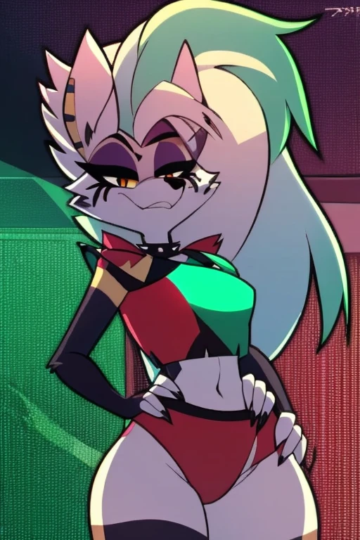 best quality, roxanne fusion with loona and queen bee, solo, furry female, body fur, makeup, sexy clothes, super detailed, high detail eyes, perfect proportion