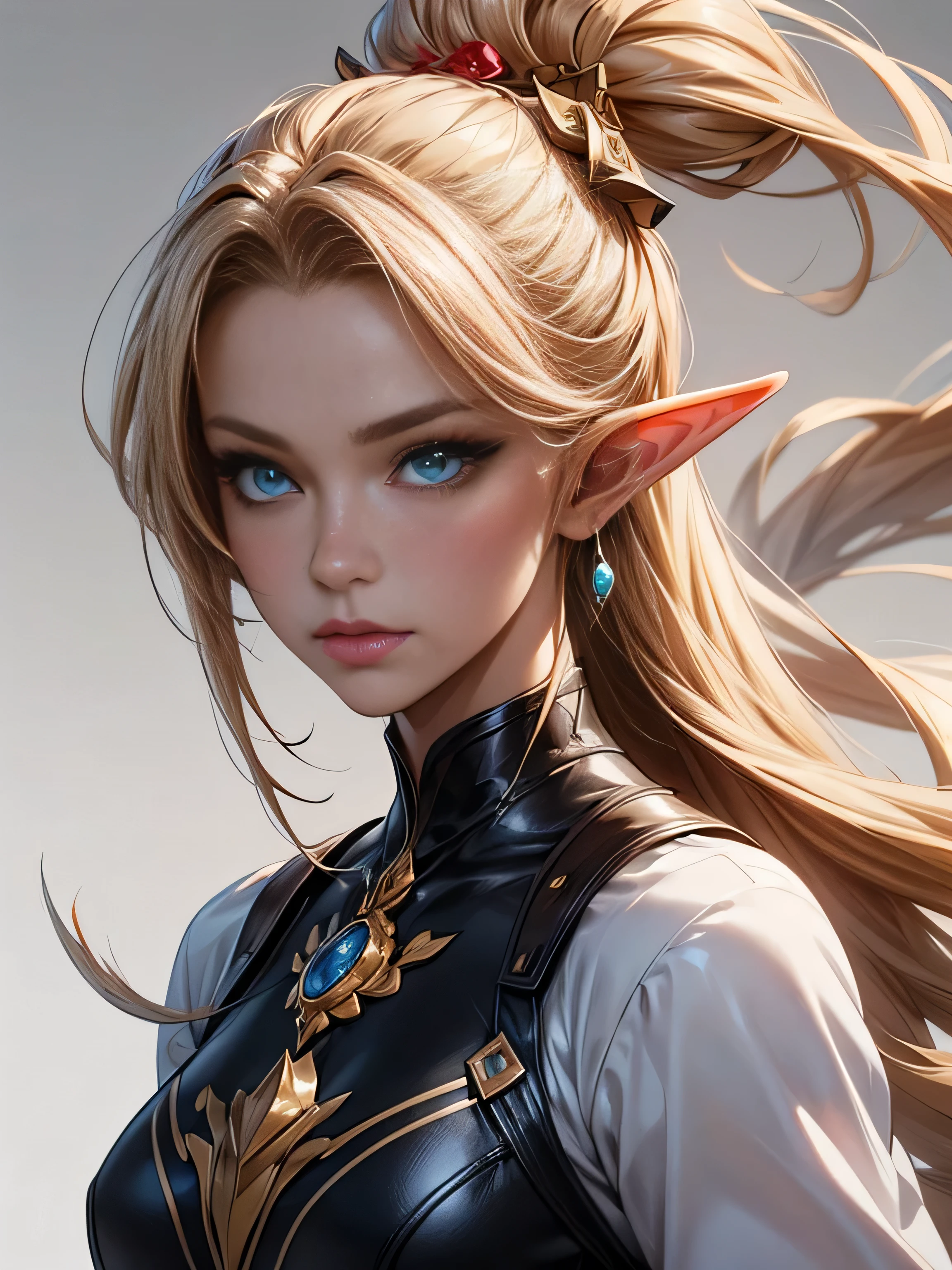 blond girl with blue eyes and red roses in her hair, concept art by Yang J, Artstation contest winner, fantasy art, extremely detailed artgerm, artgerm. high detail, artgerm detailed, artgerm. anime illustration, style artgerm, elf girl, ig model | artgerm, style of artgerm, artgerm style, 8k character details, high quality anime art, high quality illustration, detailed anime wallpapers, detailed anime art, hyper realistic, elegant, high quality realistic anime art, ((Finely drawn eyes)) [Perfectly detailed eyes((Beautiful eyes like jewels) drawn in great detail)[clearly drawn pupils]],[eye light[Precise eye lighting]],[long and beautiful eyelashes],[precisely drawn hair [Beautiful and shiny hair, detailed]], (Perfect hand-detailed [Beautiful fingers without damage [beautiful nails]]), (perfect anatomy (perfectly balanced proportions)) [[Full-length portrait]], [perfect color coordination (Accurate simulation of the interaction of light and materials)],([Precise detail](detailed, high)),[Visual art that tells a story],((highest quality)high [[High density drawing]])(4K quality)