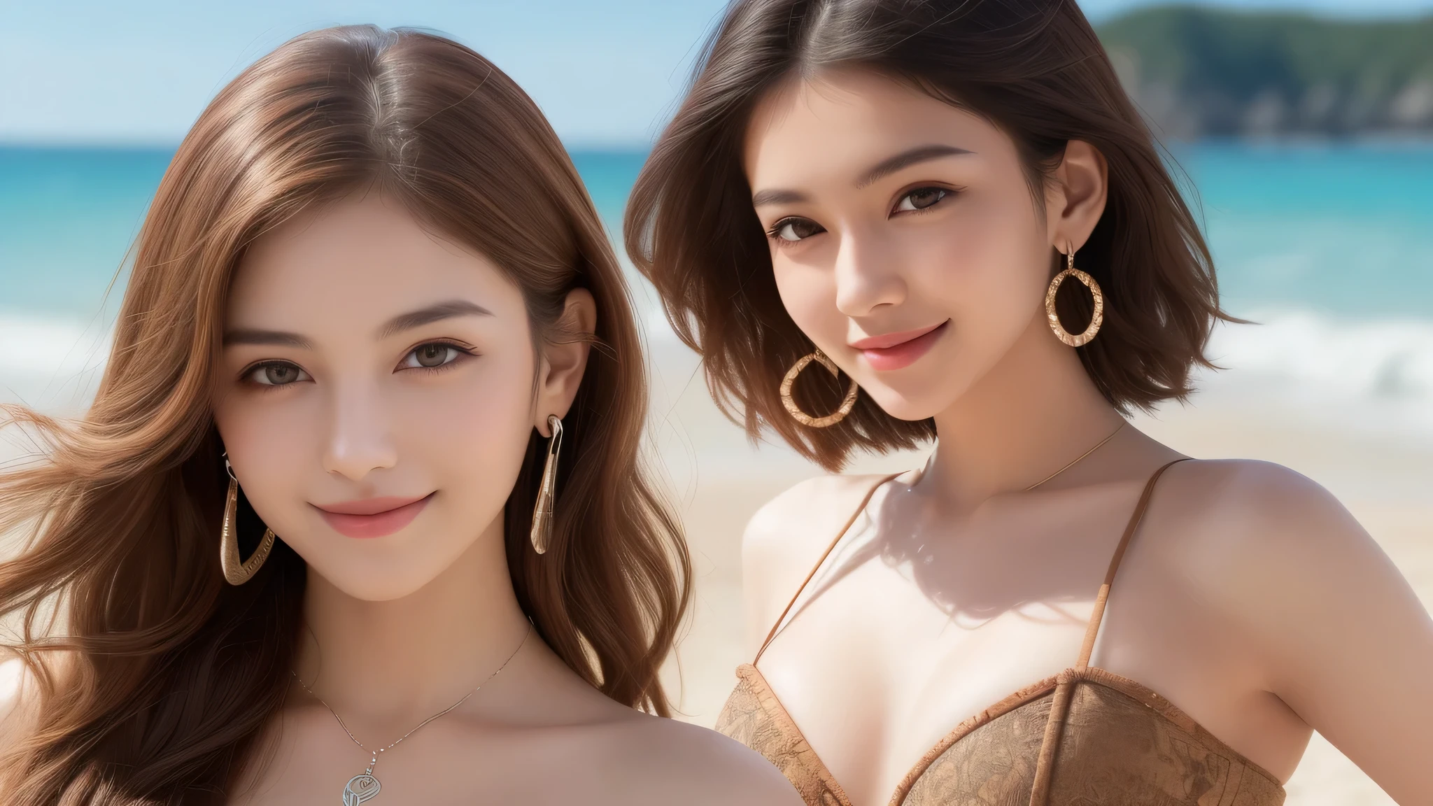 (1girl), brown eyes, A very neat face, (cute smile:1.2), (highly detailed eyes, highly detailed face), (flat chest, Tube top:1.2), accessories, necklace, earrings, (hyper-realistic, hight resolution), (best Quality:1.4), model, Enchanting, beach, wavewave, flat chest, (Fine face:1.2),