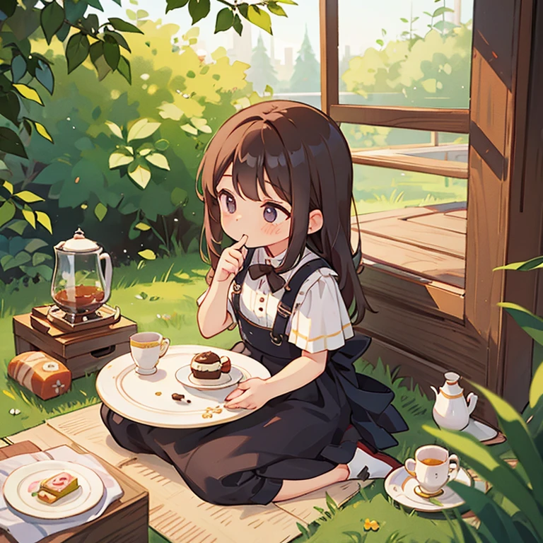 Sitting on the ground、Girl having tea Cake on a plate and tea