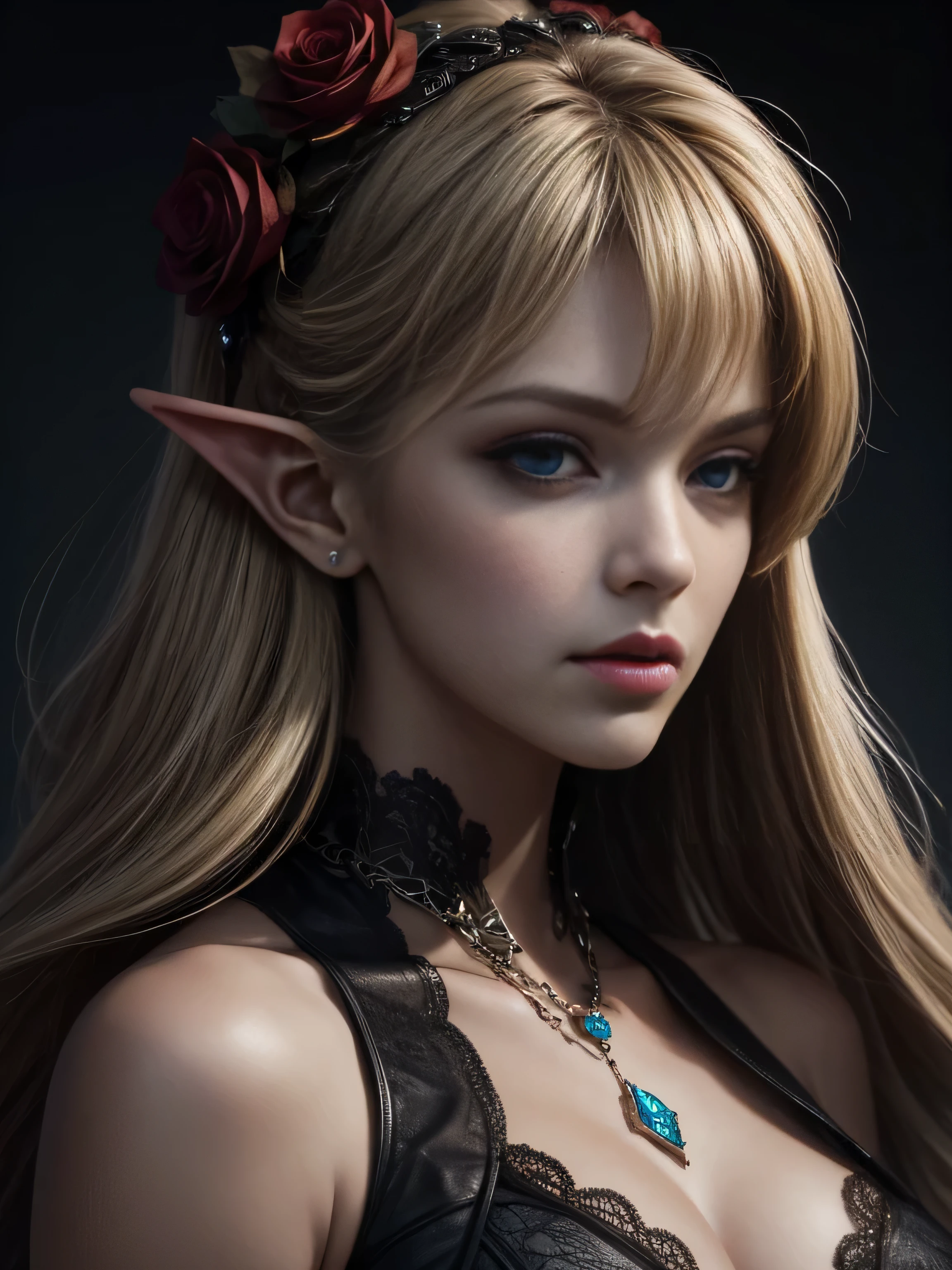 blond girl with blue eyes and red roses in her hair, concept art by Yang J, Artstation contest winner, fantasy art, extremely detailed artgerm, artgerm. high detail, artgerm detailed, artgerm. anime illustration, style artgerm, elf girl, ig model | artgerm, style of artgerm, artgerm style, 8k character details, high quality anime art, high quality illustration, detailed anime wallpapers, detailed anime art, hyper realistic, elegant, high quality realistic anime art, ((Finely drawn eyes)) [Perfectly detailed eyes((Beautiful eyes like jewels) drawn in great detail)[clearly drawn pupils]],[eye light[Precise eye lighting]],[long and beautiful eyelashes],[precisely drawn hair [Beautiful and shiny hair, detailed]], (Perfect hand-detailed [Beautiful fingers without damage [beautiful nails]]), (perfect anatomy (perfectly balanced proportions)) [[Full-length portrait]], [perfect color coordination (Accurate simulation of the interaction of light and materials)],([Precise detail](detailed, high)),[Visual art that tells a story],((highest quality)high [[High density drawing]])(4K quality)