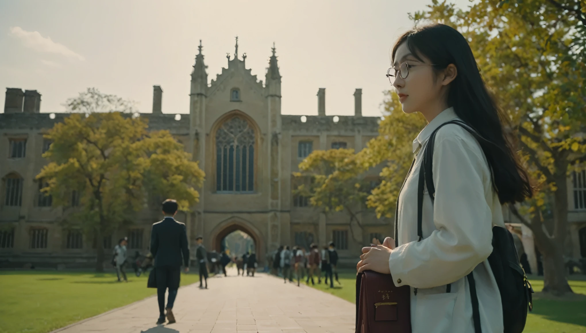 A Chinese female student,学生人像photography图片中国留学生,wear glasses,young,Black long hair,Book in hand,Carrying a leather bag,walk,The main character is on the far right of the screen,The character has his back to the camera,Show the back of the person,Reflects their positivity and yearning for the future,Highlight the personality and charm of students,The background is Cambridge University,The time is early evening,Sunset,Red clouds,编辑photography,photography,long shoot,Shot with 70mm lens,Depth of Field,Hollywood Film Color Grading