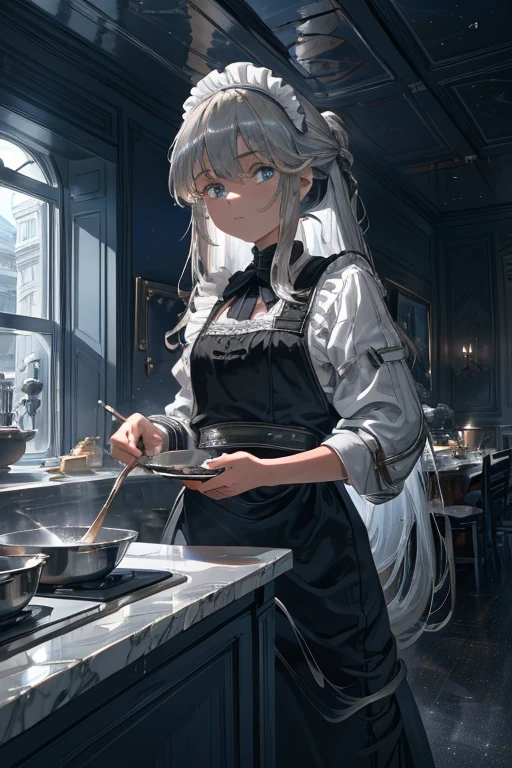 (8k, highest quality, Tabletop:1.2), Ultra-high resolution, One 14-year-old girl, Detailed face, blue eyes, Slightly droopy eyes, Silver long hair, Classic maid outfit in black and white, Luxurious Western-style house kitchen, Cooking, Hold the pan with both hands