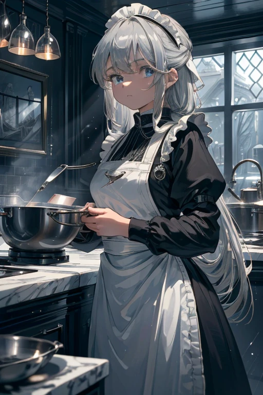 (8k, highest quality, Tabletop:1.2), Ultra-high resolution, One 14-year-old girl, Detailed face, blue eyes, Slightly droopy eyes, Silver long hair, Classic maid outfit in black and white, Luxurious Western-style house kitchen, Cooking, Hold the pan with both hands