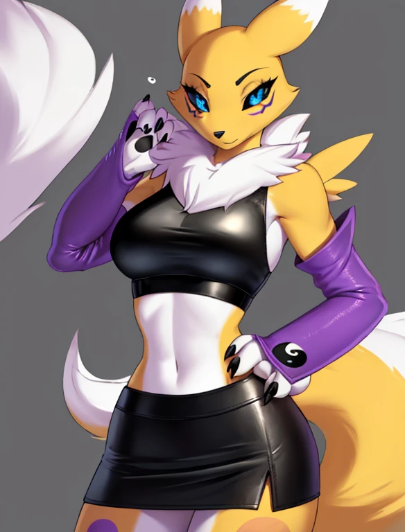 (furry Art, Uploaded On E621:1.4), Masterpiece, (best Quality:1.2), Simple Background, Detailed Image, Colorful, Vibrant Colors, Detailed Face, Perfect Lighting, Perfect Shadows, Perfect Eyes, Girl Focus, Perfect Hair, Blue Eyes, Perfect Face, Medium Breasts, Gorgeous Body, Hourglass Body, Shiny Body, 1girl, Solo, Center Focus, Renamon, Fox Ears, Tattoo, Fox Tail, Facial Mark, Fox Girl, Claws, Furry, Colored Sclera, Furry Female, Black Sclera, Body Fur, White Fur, Yin Yang, Animal Nose, Long Snout, Two-tone Fur, Digimon (creature), Yellow Fur, Upper Body, Cropped Torso, Steaming Body, (one Tail:1.8) (((seductive, Leather Skirt, Leather Sports Bra, Bare Shoulder, Bridal Gauntlets, Sleeves)))