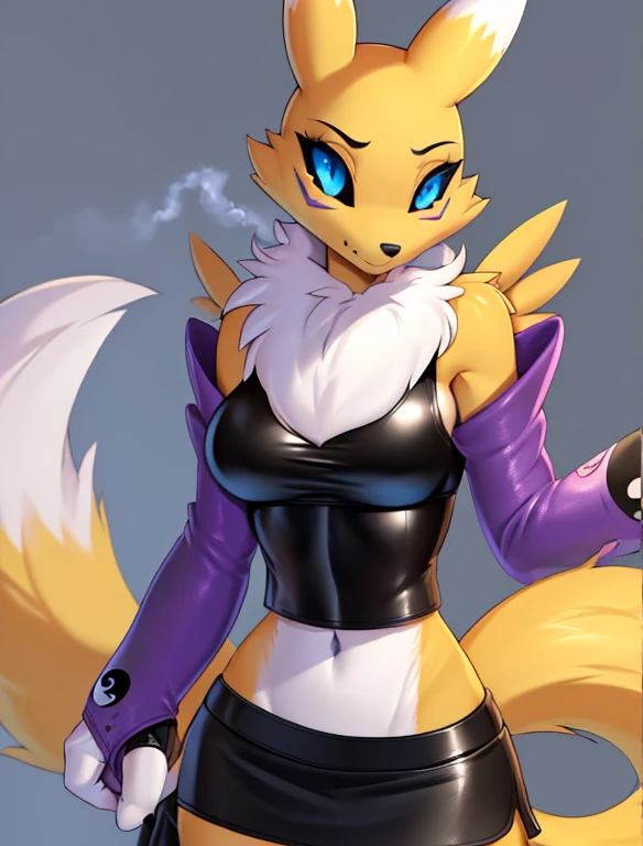 (furry Art, Uploaded On E621:1.4), Masterpiece, (best Quality:1.2), Simple Background, Detailed Image, Colorful, Vibrant Colors, Detailed Face, Perfect Lighting, Perfect Shadows, Perfect Eyes, Girl Focus, Perfect Hair, Blue Eyes, Perfect Face, Medium Breasts, Gorgeous Body, Hourglass Body, Shiny Body, 1girl, Solo, Center Focus, Renamon, Fox Ears, Tattoo, Fox Tail, Facial Mark, Fox Girl, Claws, Furry, Colored Sclera, Furry Female, Black Sclera, Body Fur, White Fur, Yin Yang, Animal Nose, Long Snout, Two-tone Fur, Digimon (creature), Yellow Fur, Upper Body, Cropped Torso, Steaming Body, (one Tail:1.8) (((seductive, Leather Skirt, Leather Sports Bra, Bare Shoulder, Bridal Gauntlets, Sleeves)))