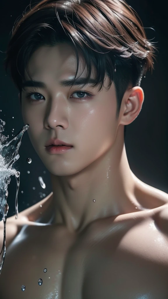 Handsome potrait of park jimin for adult magazine, hyper detail, ultra HD face, wet face with many water drop, magazine cover concept,black eyes, skin with spingkle, sensual lips, shirtless,  grey wall, army style