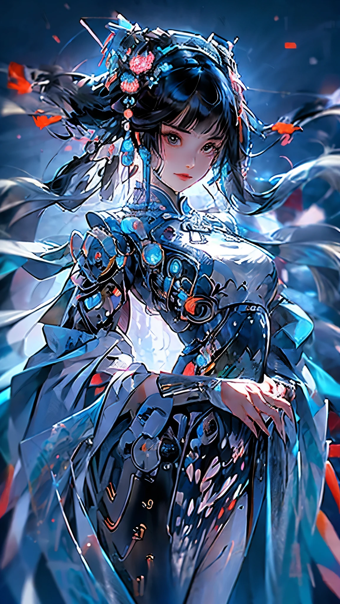 (masterpiece:1.2, best quality), (highly detailed:1.3), realistic, realistic details, detailed, 1 girl, solo, dynamic pose, sexy pose, narrow waist, full body, cowboy shot, nice hands, perfect hands ,  photo realistic:1.4, (pureerosface_v1:0.5) , (ulzzang-6500-v1.1:0.5),   1 girl, chinese_clothes, cyberhanfu, Cheongsam, Headdress, hair ornament, absurdly long hair, floating hair, 
cyberpunk city, cyberpunk, a high-tech city, full of machinery and futuristic element, futurism, technology 
 