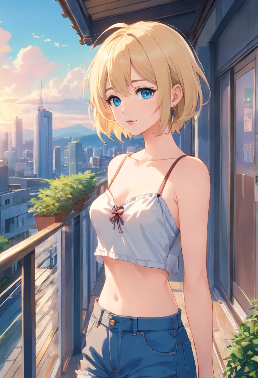 Women, ((Blonde)), ((Blue eyes)), ((Short hair)), ((Full shot)), very detailed makeup, pale pink lipstick, long earrings, bare shoulders and jewelry necklace, on the terrace, standing wearing strapless dungarees and hip-tight jeans, with high-heeled boots