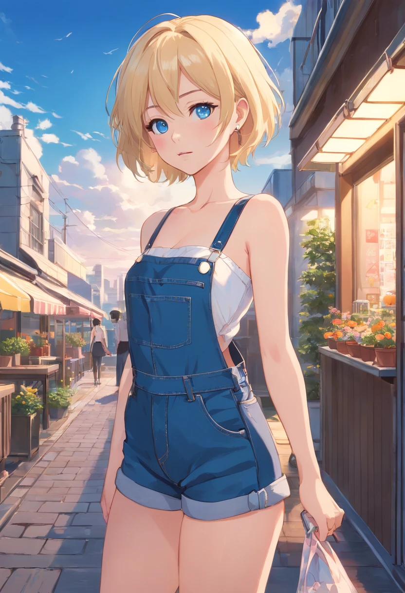 17 years old Women, ((Blonde)), ((Blue eyes)), ((Short hair)), ((Full shot)), very detailed makeup, pale pink lipstick, long earrings, bare shoulders and jewelry necklace, on the terrace, standing wearing strapless dungarees and hip-tight jeans, with high-heeled boots